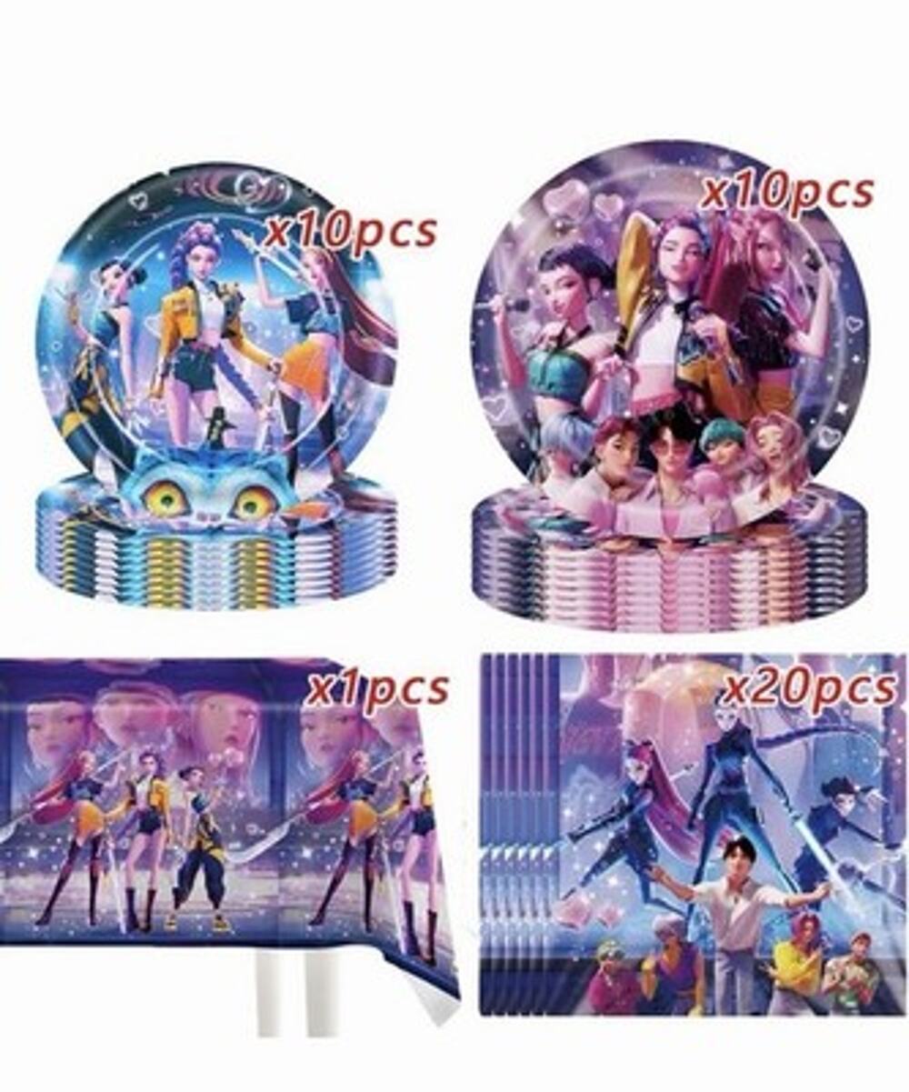 Demon Hunters Party Tableware, 20 Plates and 20 Napkins and Tablecloth